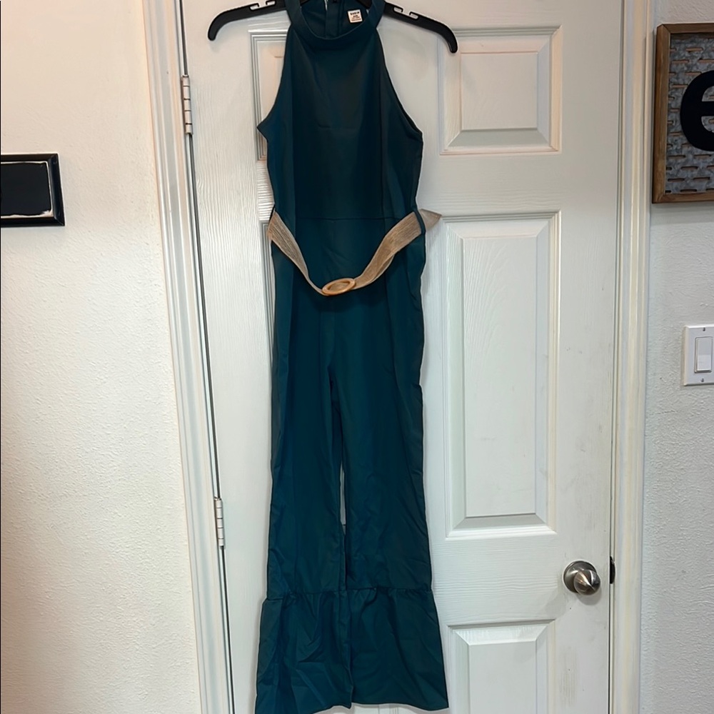 SHEIN Teal Halter Jumpsuit with Beige Belt